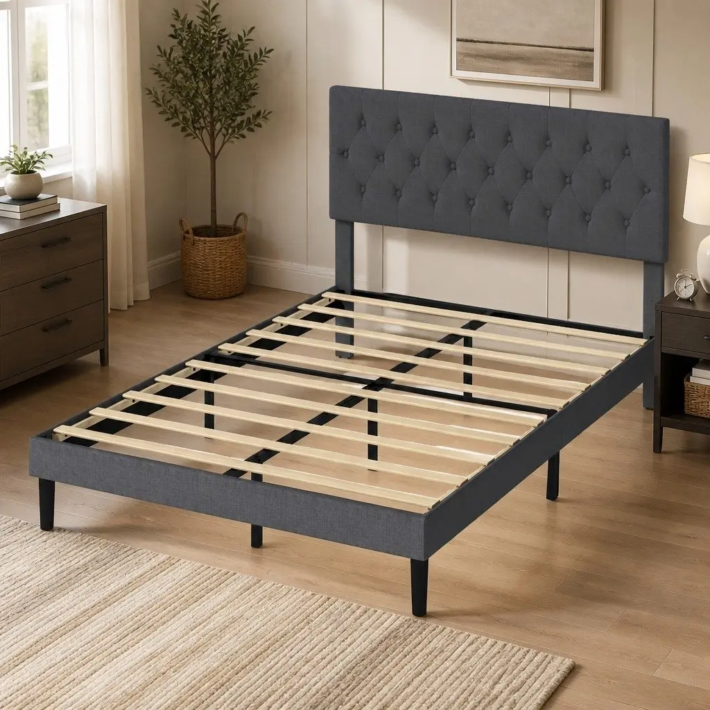 Queen Upholstered Platform Bed Frame Linen Fabric Dark Grey Under-bed Storage 203.5cm x 155cm x 103cm