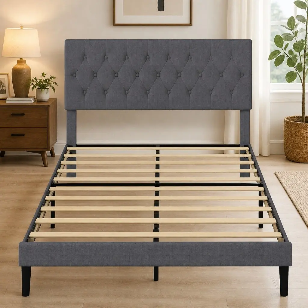 Queen Upholstered Platform Bed Frame Linen Fabric Dark Grey Under-bed Storage 203.5cm x 155cm x 103cm