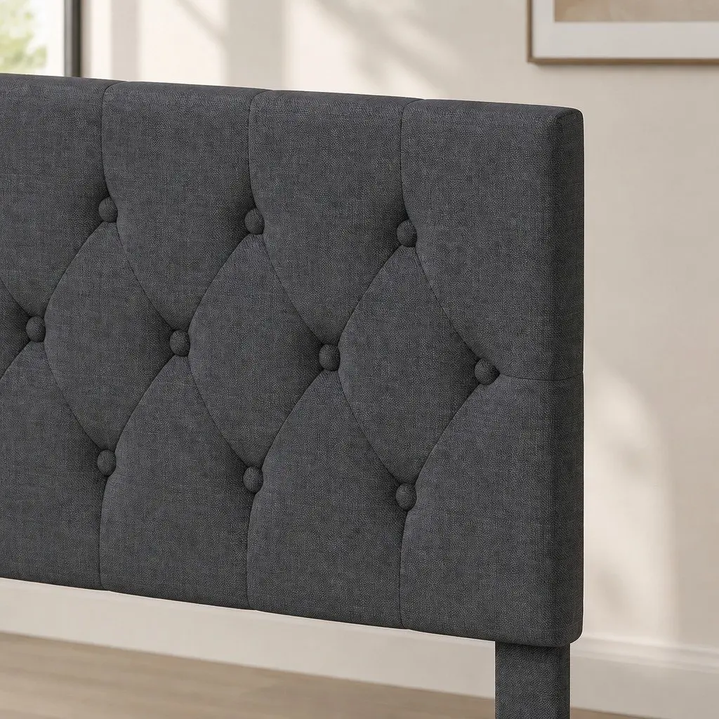 Queen Upholstered Platform Bed Frame Linen Fabric Dark Grey Under-bed Storage 203.5cm x 155cm x 103cm