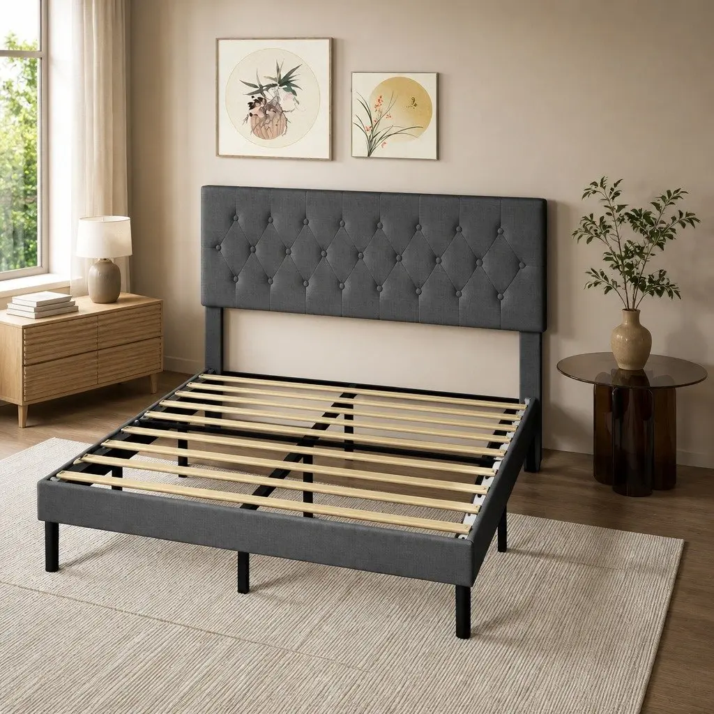 Queen Upholstered Platform Bed Frame Linen Fabric Dark Grey Under-bed Storage 203.5cm x 155cm x 103cm