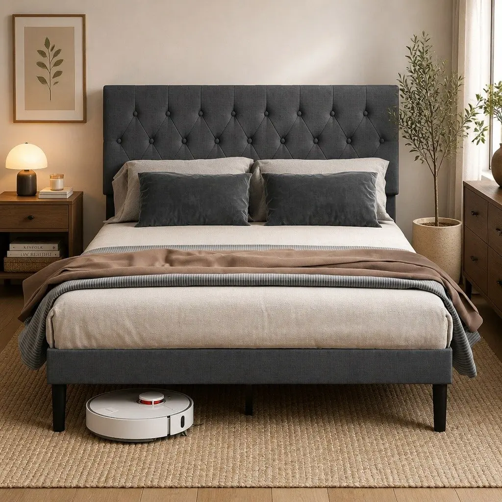 Queen Upholstered Platform Bed Frame Linen Fabric Dark Grey Under-bed Storage 203.5cm x 155cm x 103cm