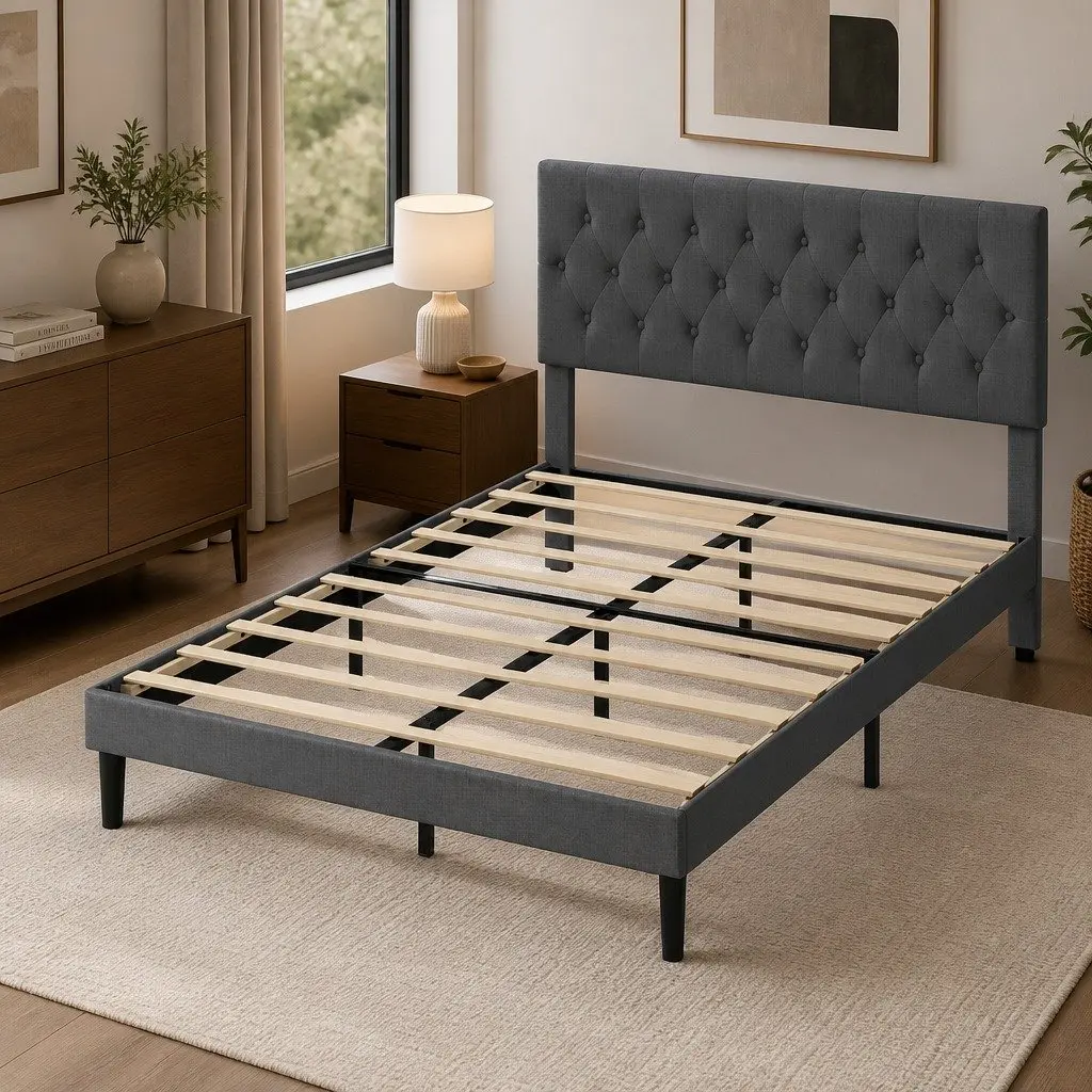 Queen Upholstered Platform Bed Frame Linen Fabric Dark Grey Under-bed Storage 203.5cm x 155cm x 103cm