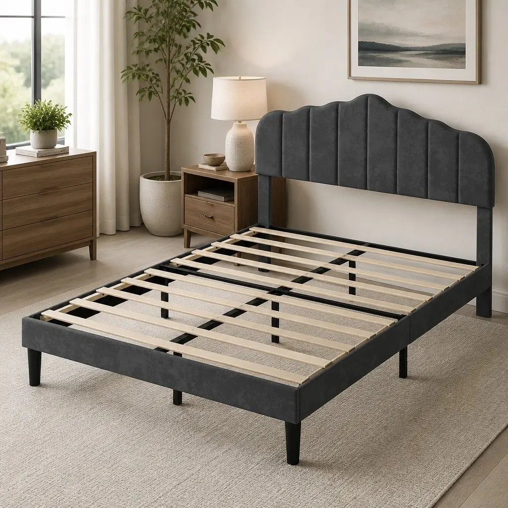 Upholstered Platform Base Double Bed Frame with Under-Bed Storage Dark Grey