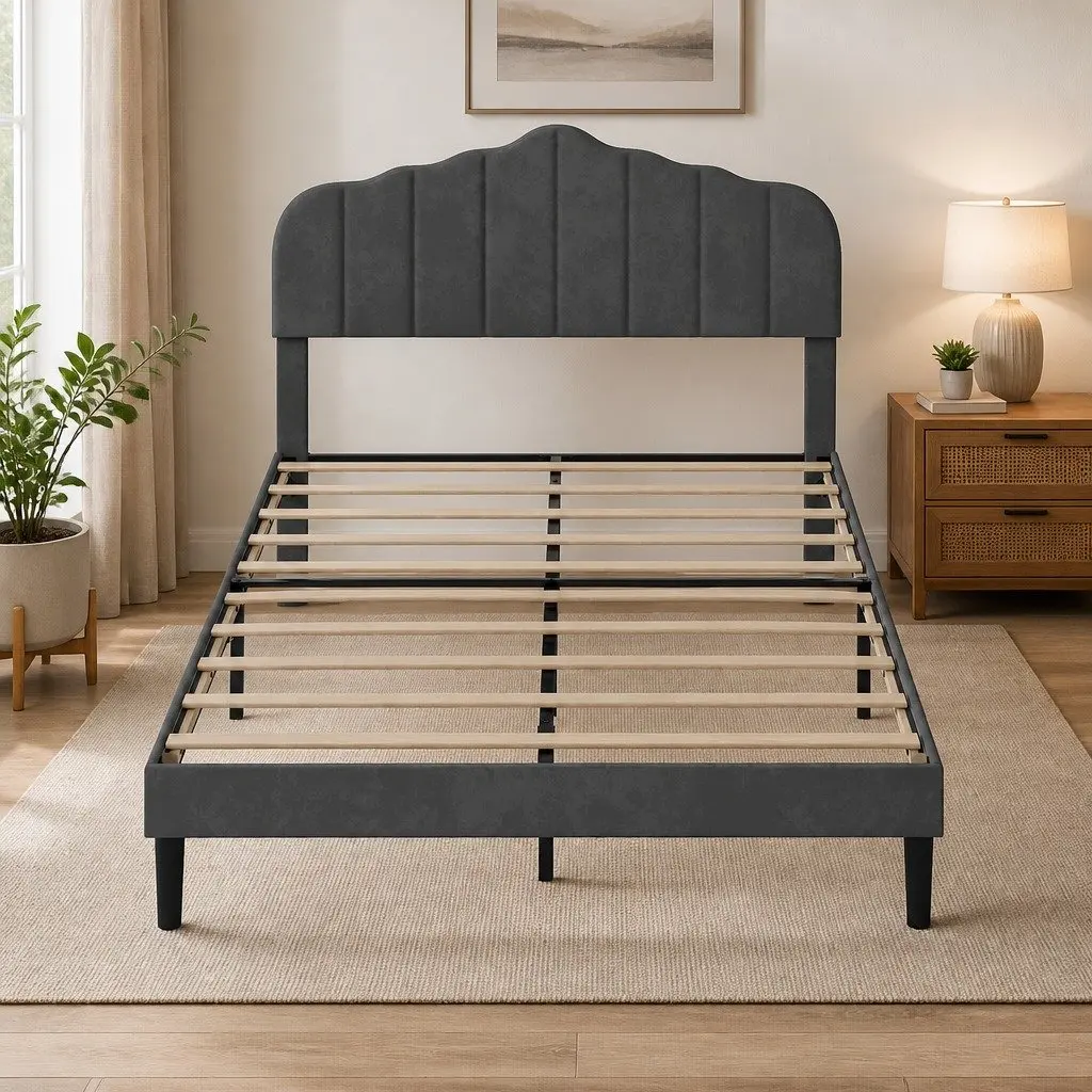 Upholstered Platform Base Double Bed Frame with Under-Bed Storage Dark Grey