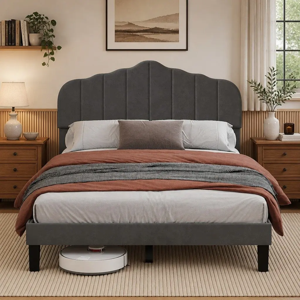 Upholstered Platform Base Double Bed Frame with Under-Bed Storage Dark Grey