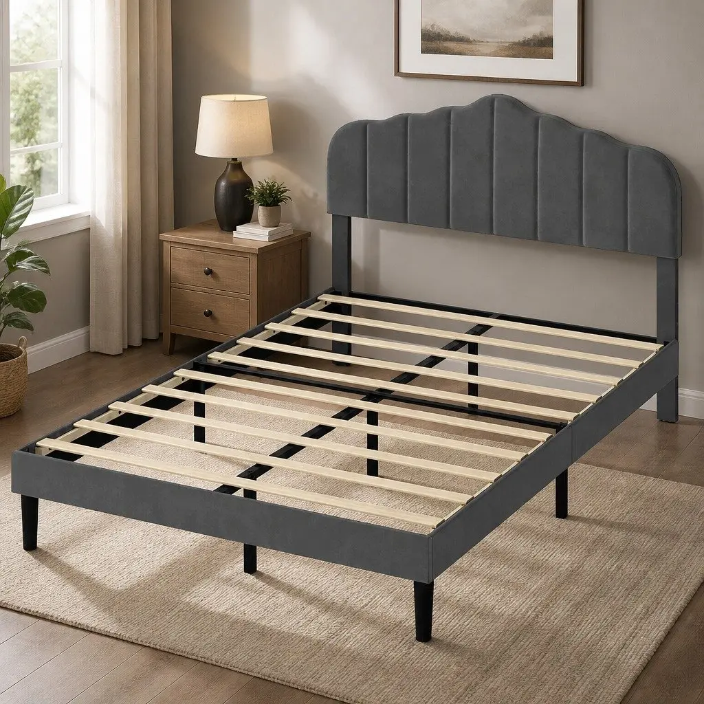 Upholstered Platform Base Double Bed Frame with Under-Bed Storage Dark Grey
