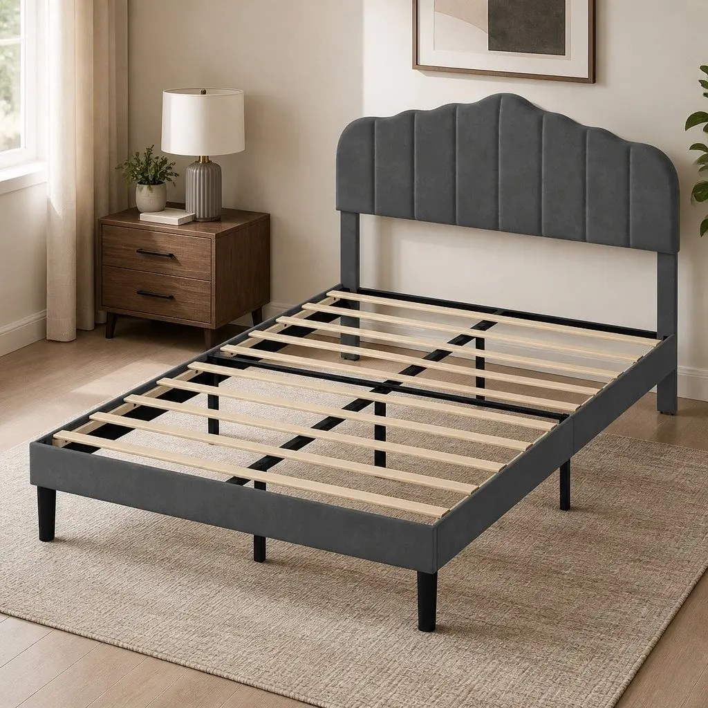Upholstered Platform Bed Frame Dark Grey Queen Size Wooden Slat Storage Base