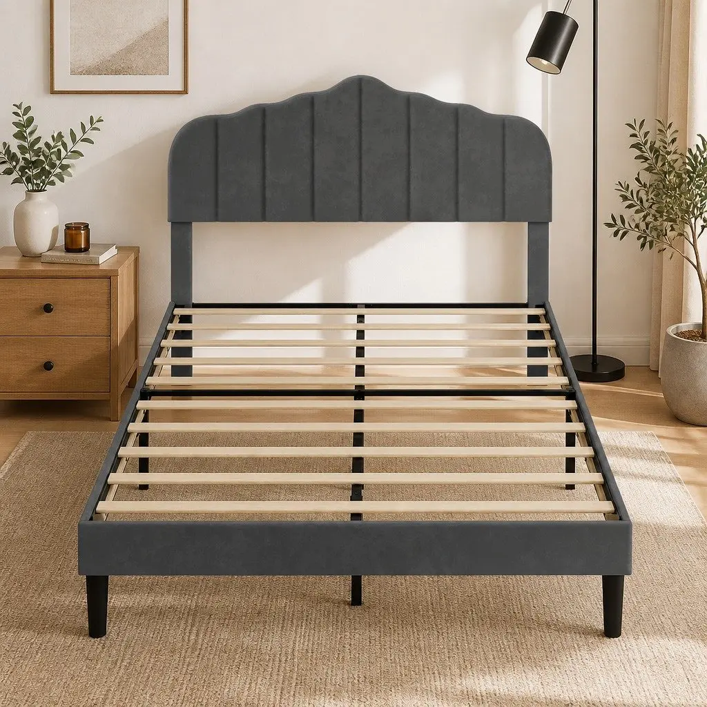 Upholstered Platform Bed Frame Dark Grey Queen Size Wooden Slat Storage Base