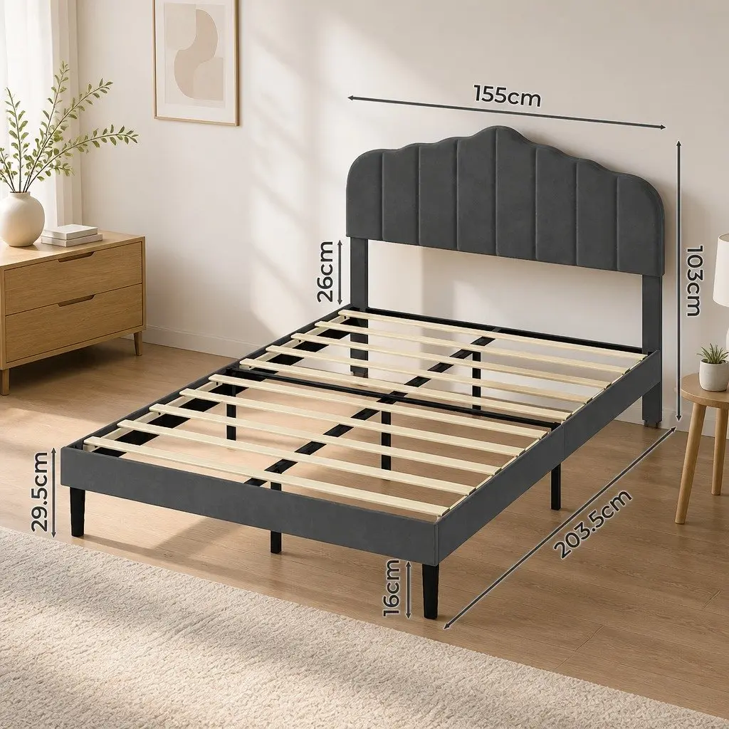 Upholstered Platform Bed Frame Dark Grey Queen Size Wooden Slat Storage Base