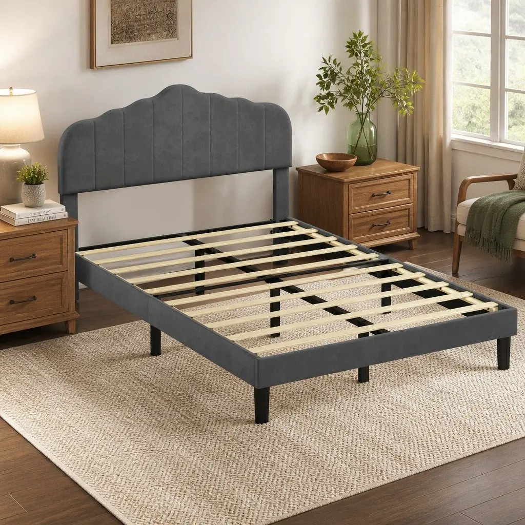 Upholstered Platform Bed Frame Dark Grey Queen Size Wooden Slat Storage Base