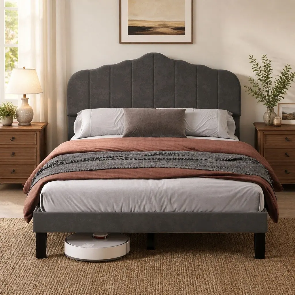 Upholstered Platform Bed Frame Dark Grey Queen Size Wooden Slat Storage Base