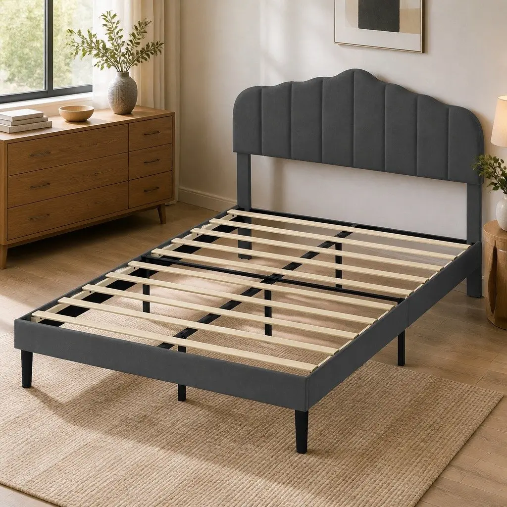 Upholstered Platform Bed Frame Dark Grey Queen Size Wooden Slat Storage Base