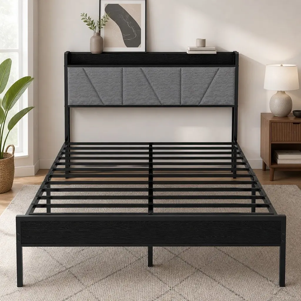 Double Bed Frame Steel Base Upholstered Headboard Modern Grey Platform Storage