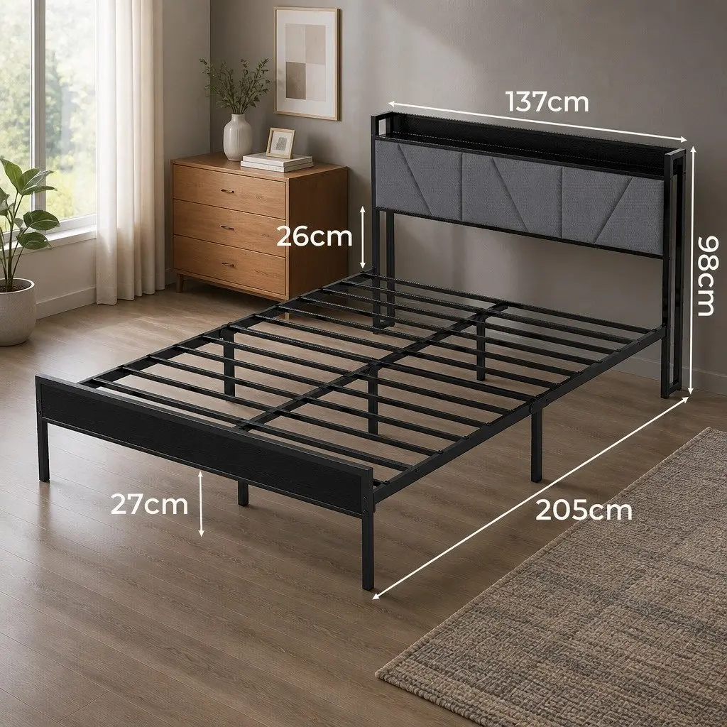 Double Bed Frame Steel Base Upholstered Headboard Modern Grey Platform Storage