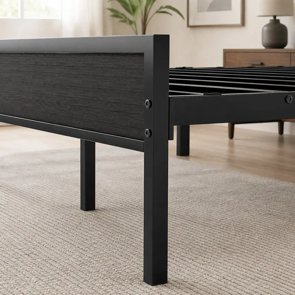 Double Bed Frame Steel Base Upholstered Headboard Modern Grey Platform Storage