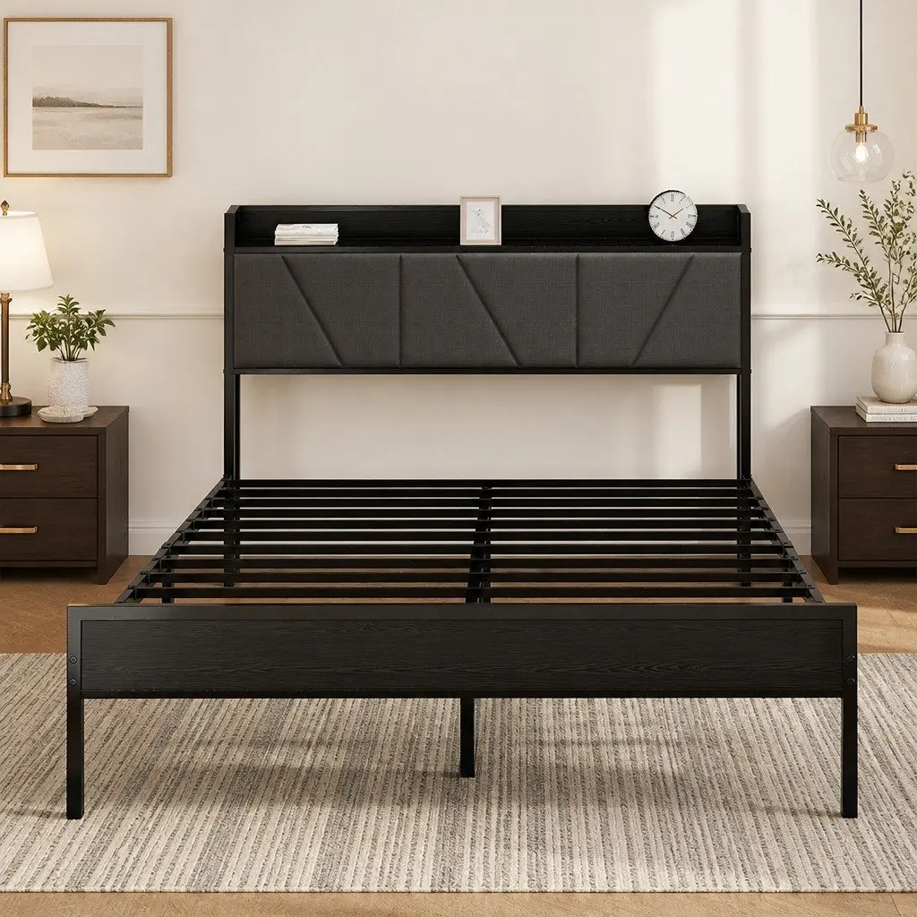 Double Bed Frame Steel Base Upholstered Headboard Modern Grey Platform Storage