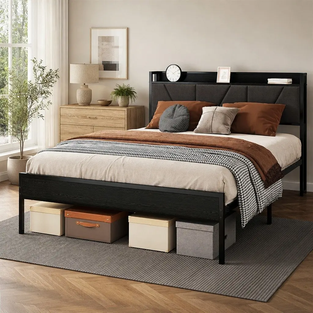 Double Bed Frame Steel Base Upholstered Headboard Modern Grey Platform Storage