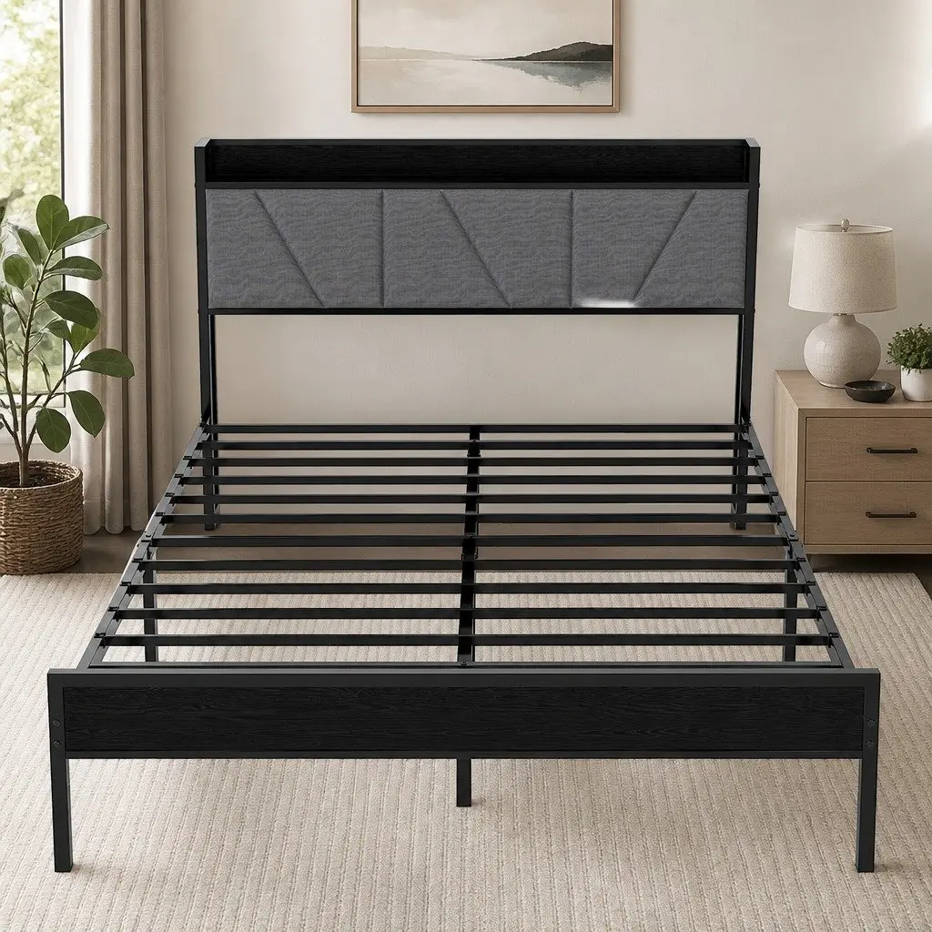 Queen Bed Frame Steel Base Upholstered Headboard Grey Modern Platform Bedroom