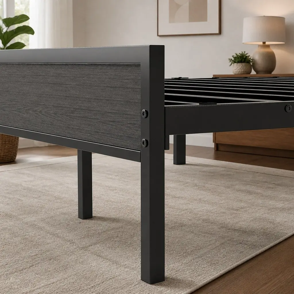 Queen Bed Frame Steel Base Upholstered Headboard Grey Modern Platform Bedroom