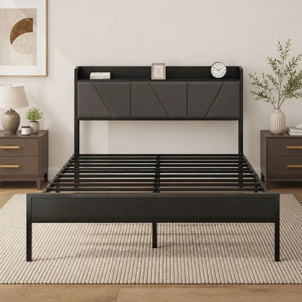 Queen Bed Frame Steel Base Upholstered Headboard Grey Modern Platform Bedroom