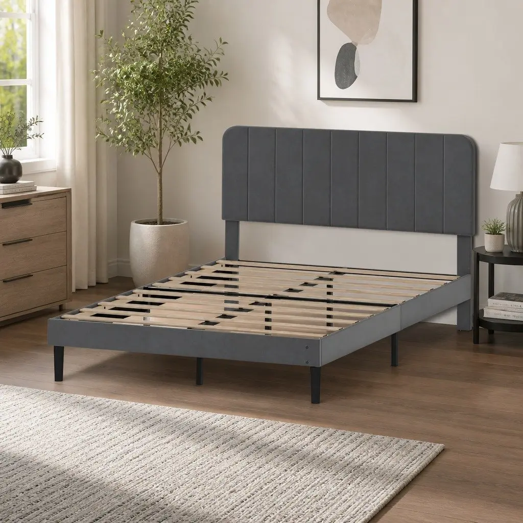 Double Bed Frame Upholstered Adjustable Headboard Platform Storage Dark Grey