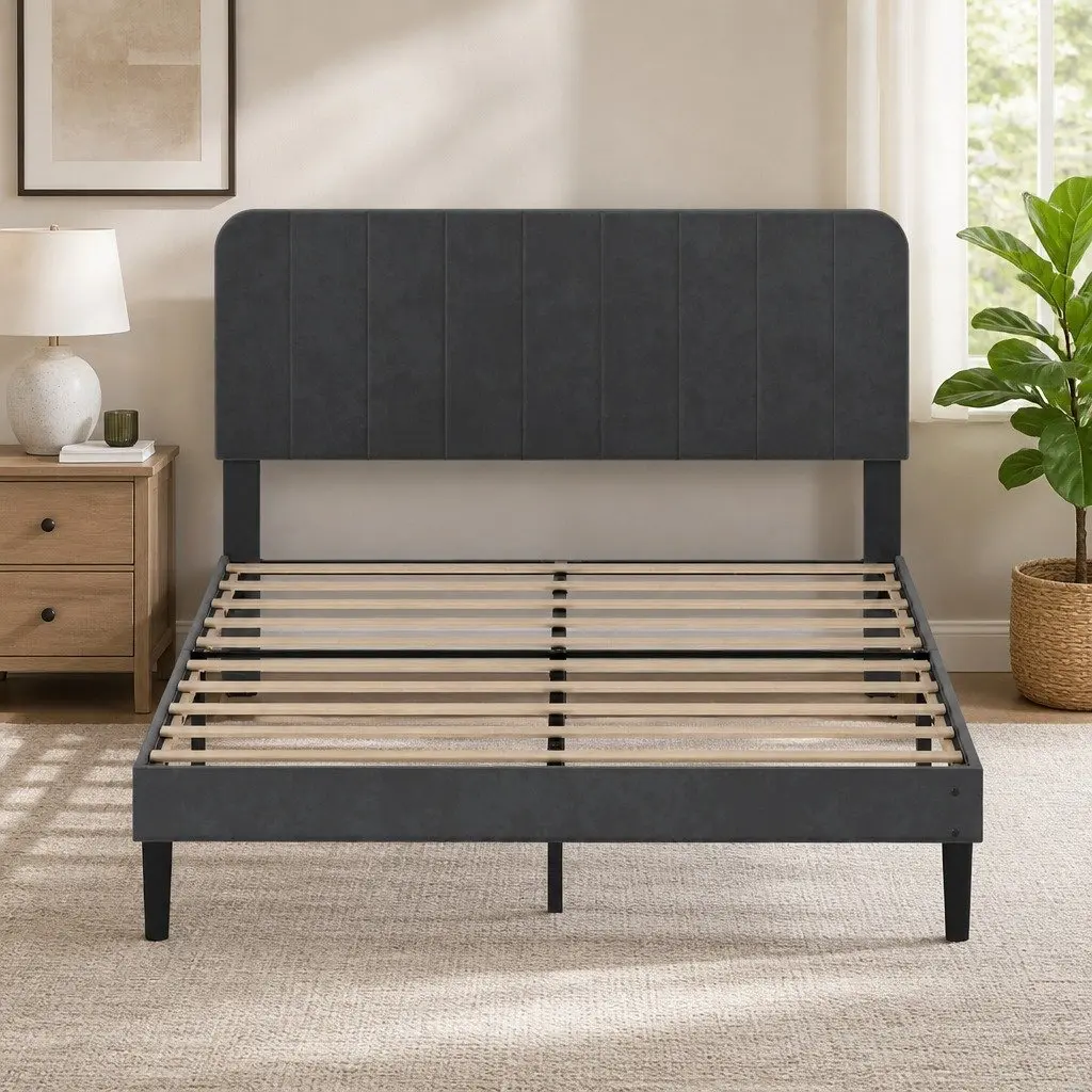 Double Bed Frame Upholstered Adjustable Headboard Platform Storage Dark Grey
