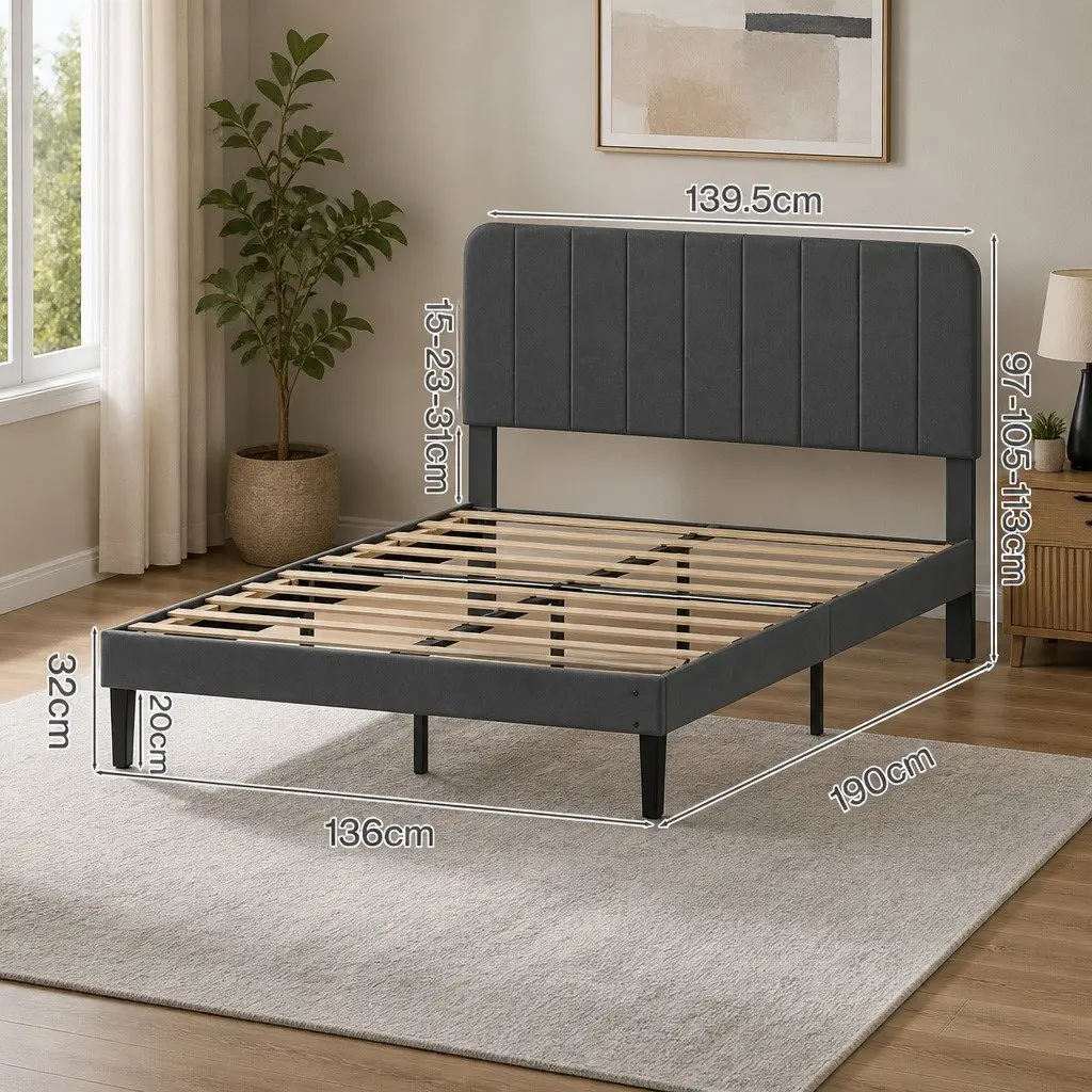 Double Bed Frame Upholstered Adjustable Headboard Platform Storage Dark Grey