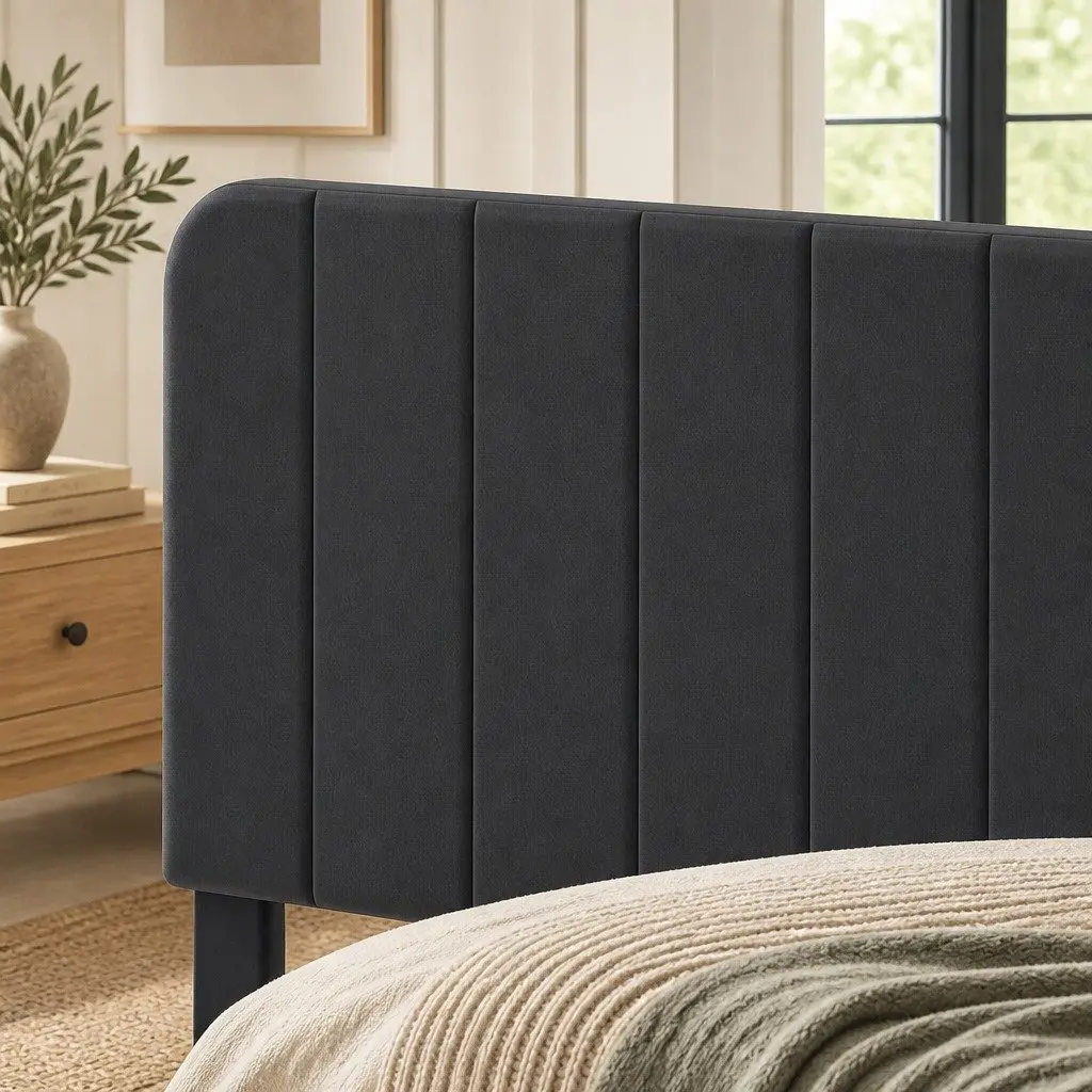 Double Bed Frame Upholstered Adjustable Headboard Platform Storage Dark Grey