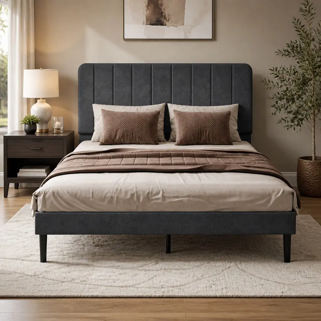 Double Bed Frame Upholstered Adjustable Headboard Platform Storage Dark Grey