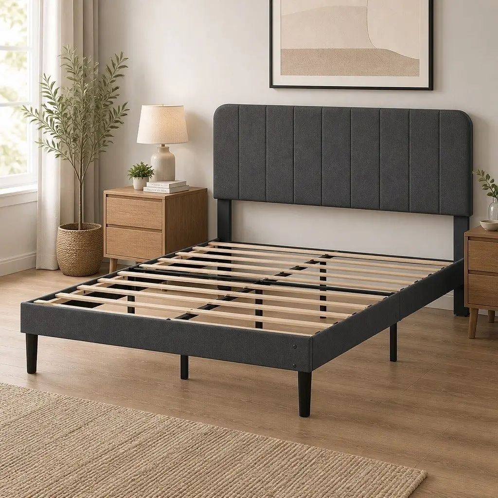 Double Bed Frame Upholstered Adjustable Headboard Platform Storage Dark Grey