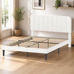Double Bed Frame Upholstered Adjustable Headboard Platform White Modern Bedroom