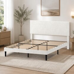 Double Bed Frame Upholstered Adjustable Headboard Platform Base Cream White