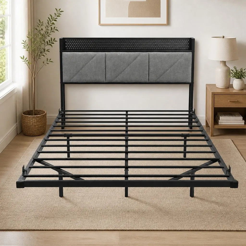 Floating Bed Frame LED USB Power Storage Headboard Metal Base Modern 205cm x 135cm x 93cm Dark Grey