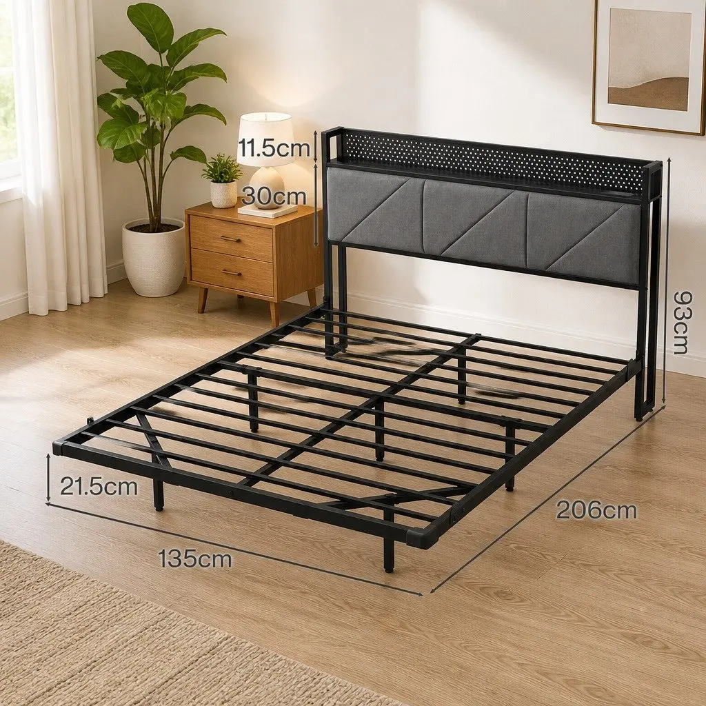 Floating Bed Frame LED USB Power Storage Headboard Metal Base Modern 205cm x 135cm x 93cm Dark Grey