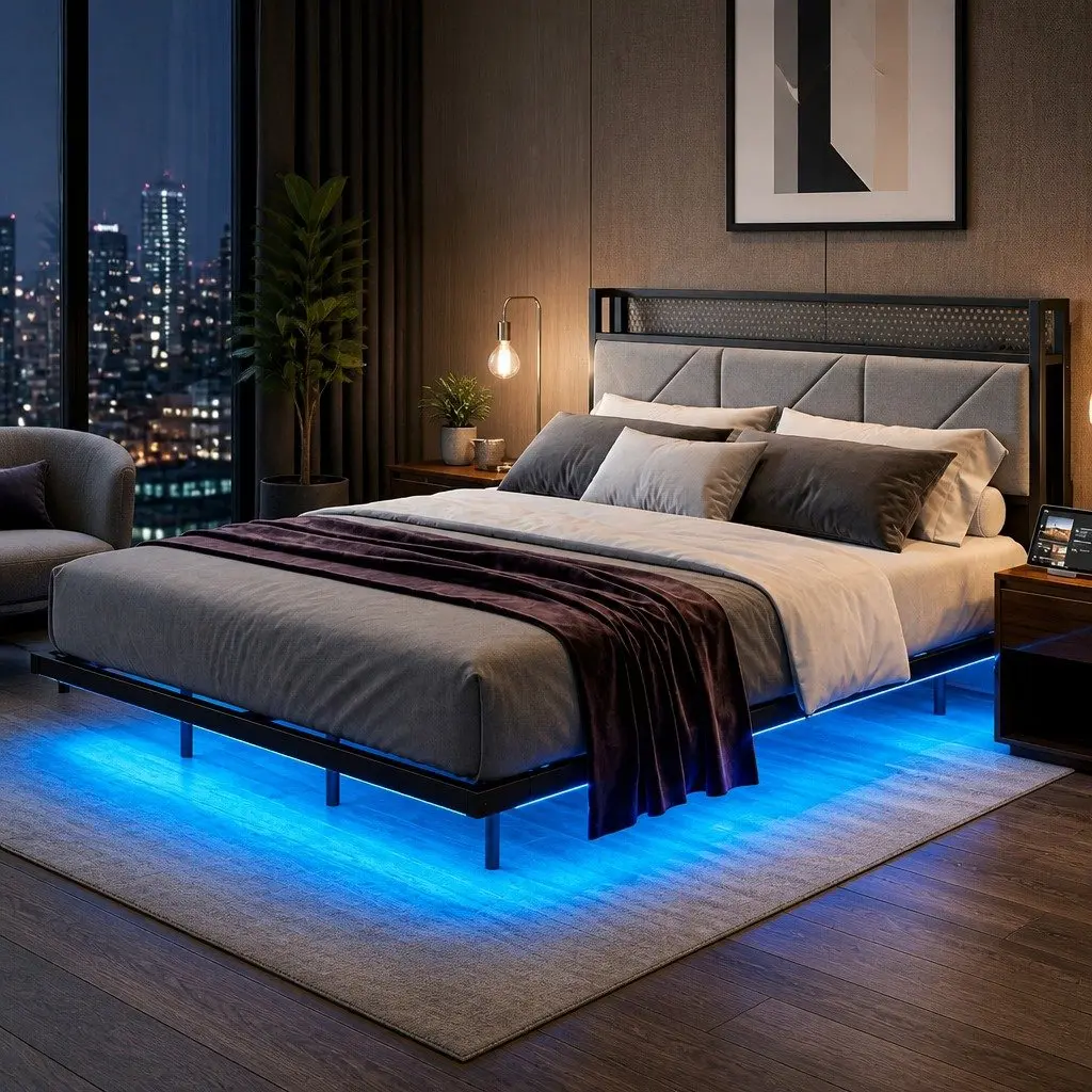 Floating Bed Frame LED USB Power Storage Headboard Metal Base Modern 205cm x 135cm x 93cm Dark Grey