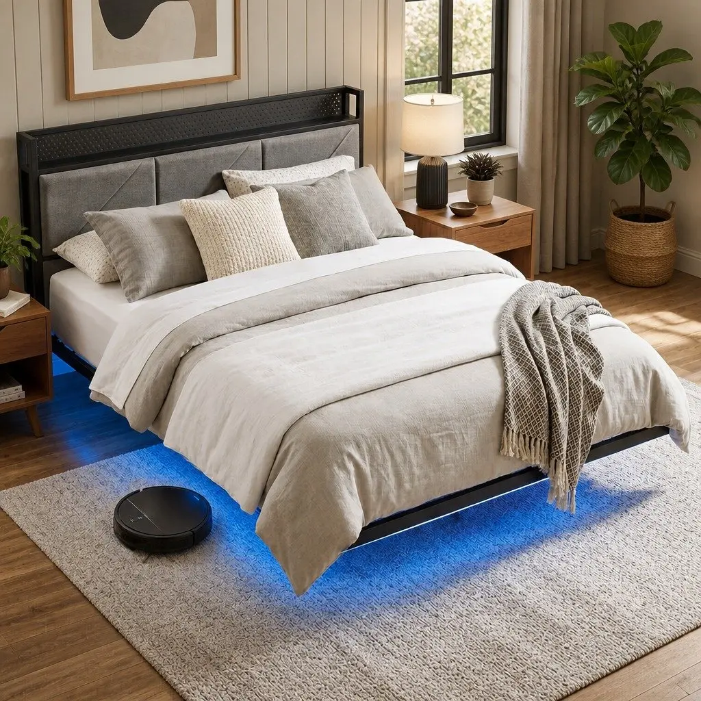 Floating Bed Frame LED USB Power Storage Headboard Metal Base Modern 205cm x 135cm x 93cm Dark Grey