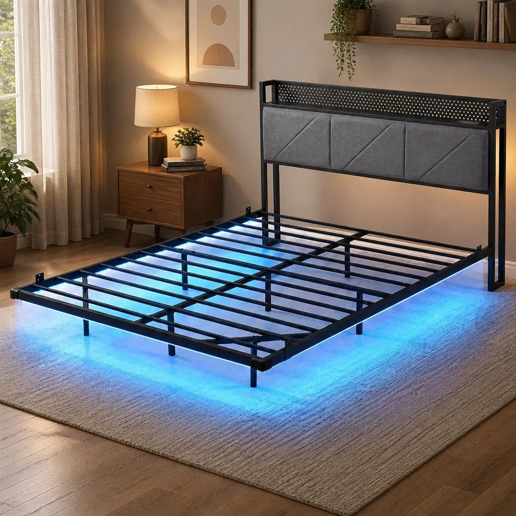 Floating Bed Frame LED USB Power Storage Headboard Metal Base Modern 205cm x 135cm x 93cm Dark Grey