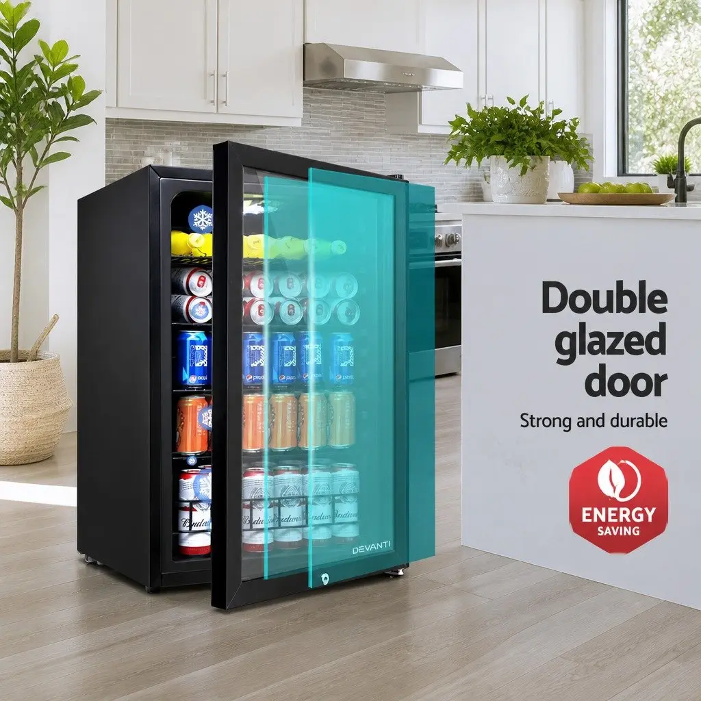 Bar Fridge Glass Door 115L Black Compact Beverage Cooler Portable