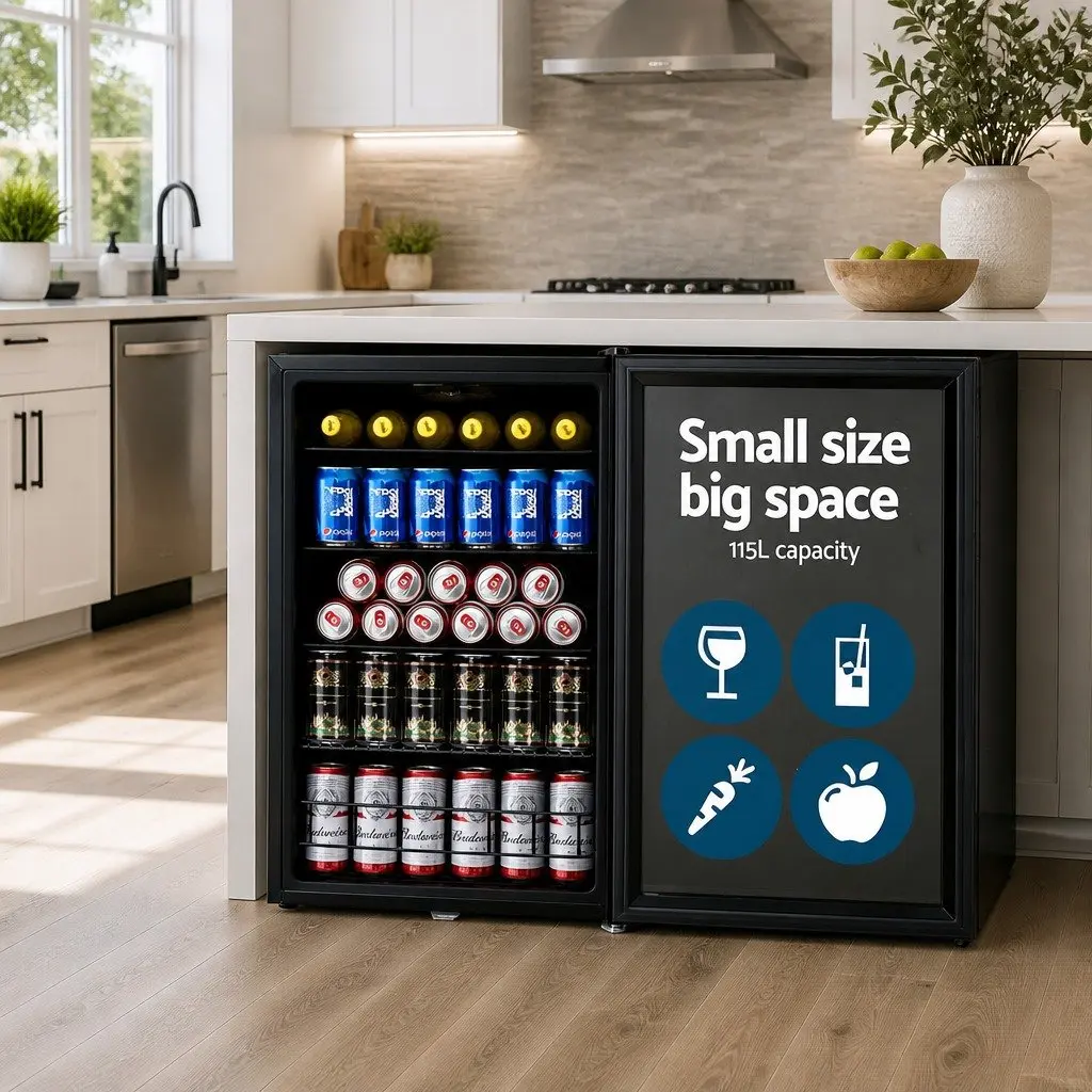 Bar Fridge Glass Door 115L Black Compact Beverage Cooler Portable