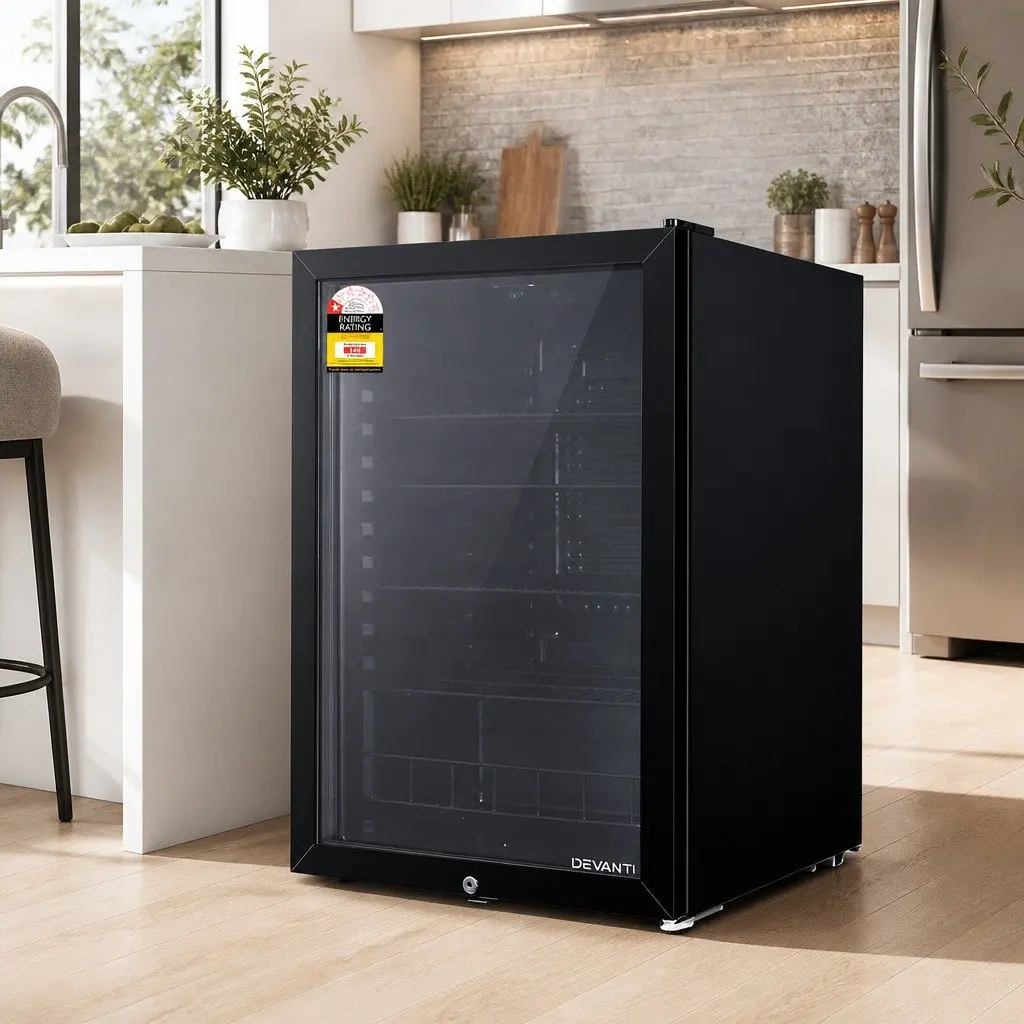 Bar Fridge Glass Door 115L Black Compact Beverage Cooler Portable