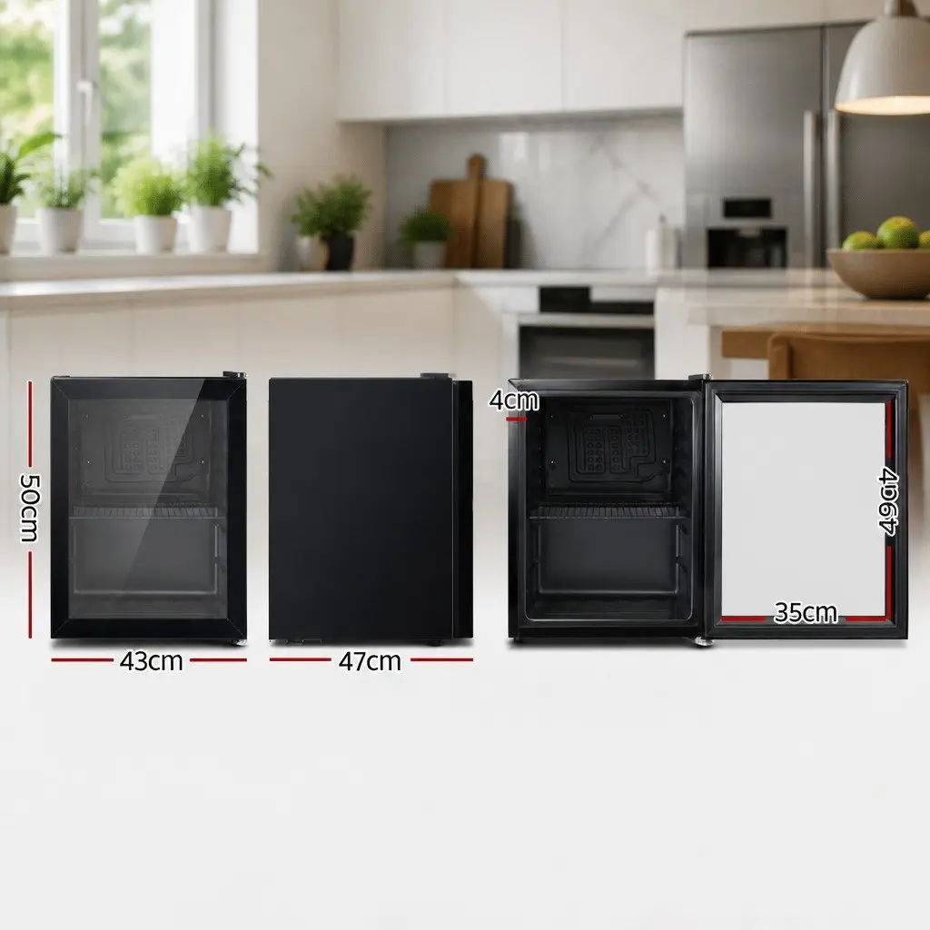 46L Bar Fridge Compact Portable Black Beverage Cooler with Glass Door and Adjustable Shelves
