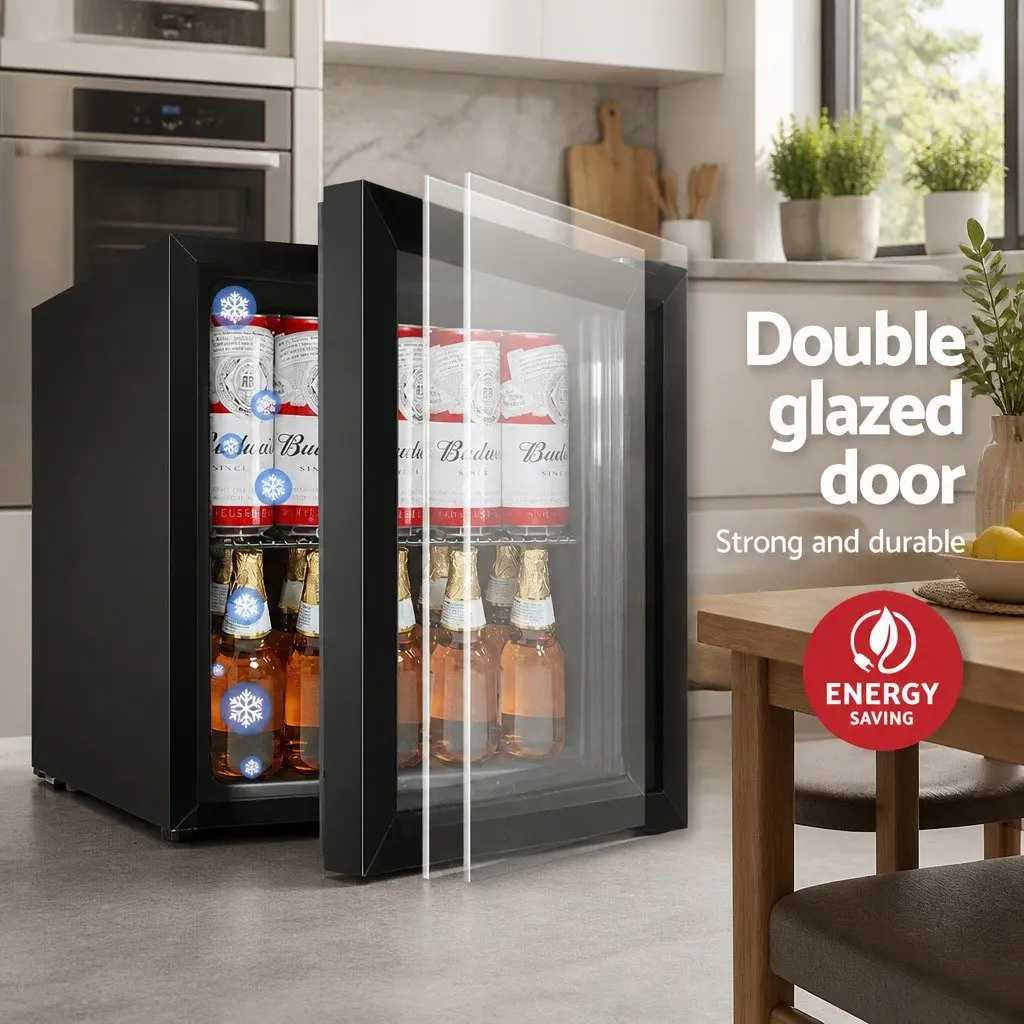 46L Bar Fridge Compact Portable Black Beverage Cooler with Glass Door and Adjustable Shelves