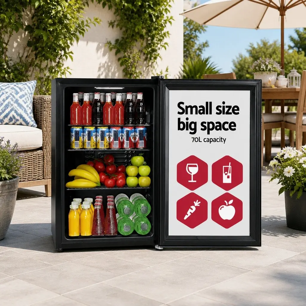 Bar Fridge 70L Glass Door Built-in LED Light Portable Compact Beverage Cooler