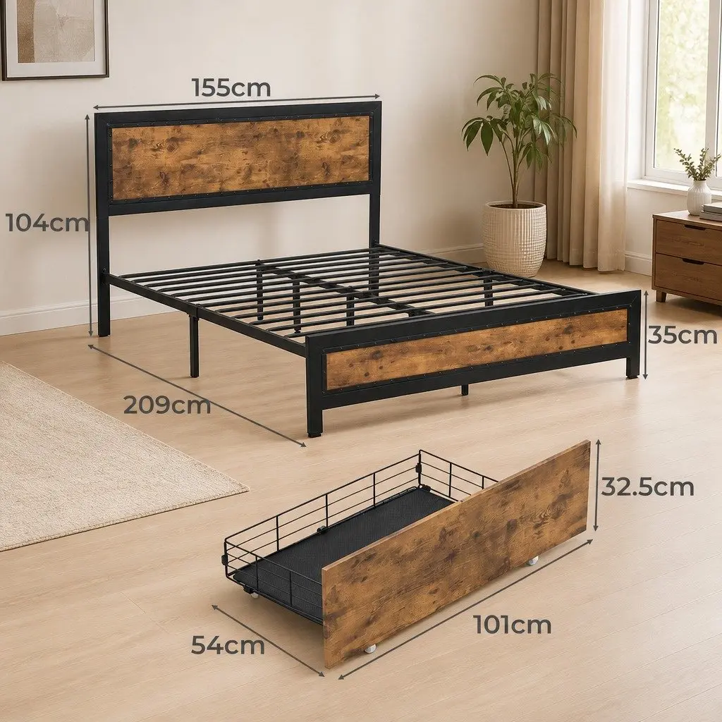 Queen Metal Bed Frame with Under-Bed Storage Drawers Industrial Platform Slat