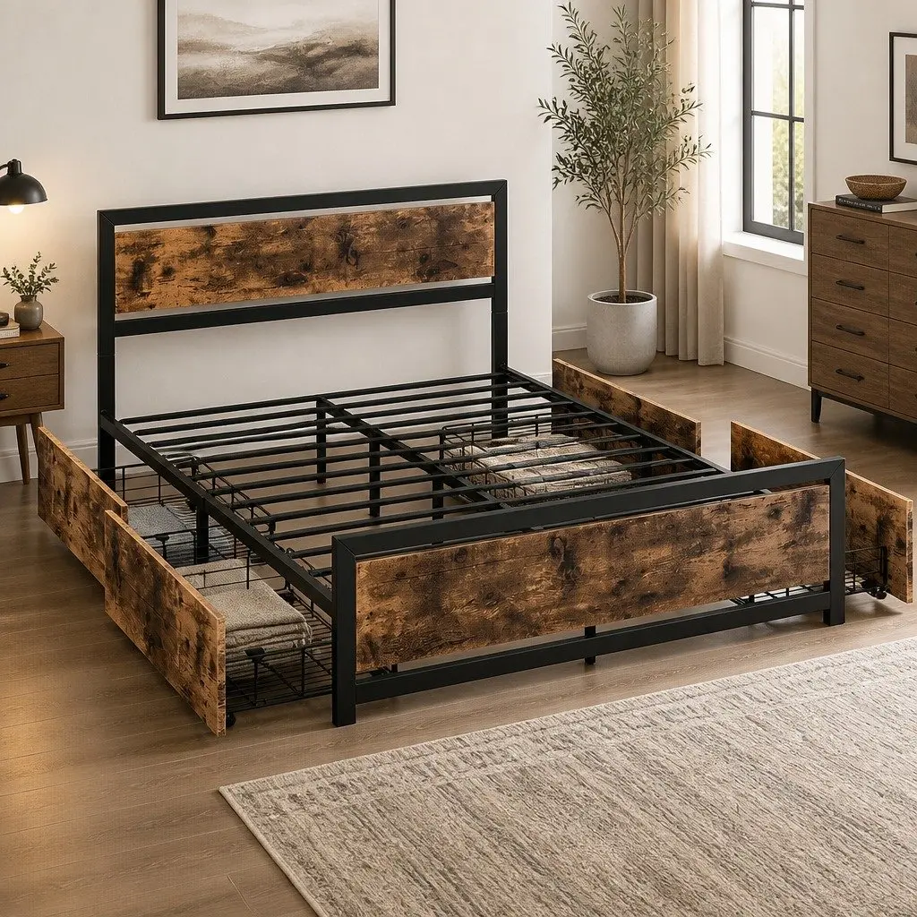 Industrial Double Bed Frame with 4 Under-Bed Storage Drawers Steel Platform