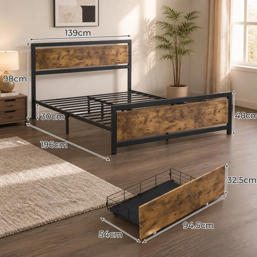Industrial Double Bed Frame with 4 Under-Bed Storage Drawers Steel Platform
