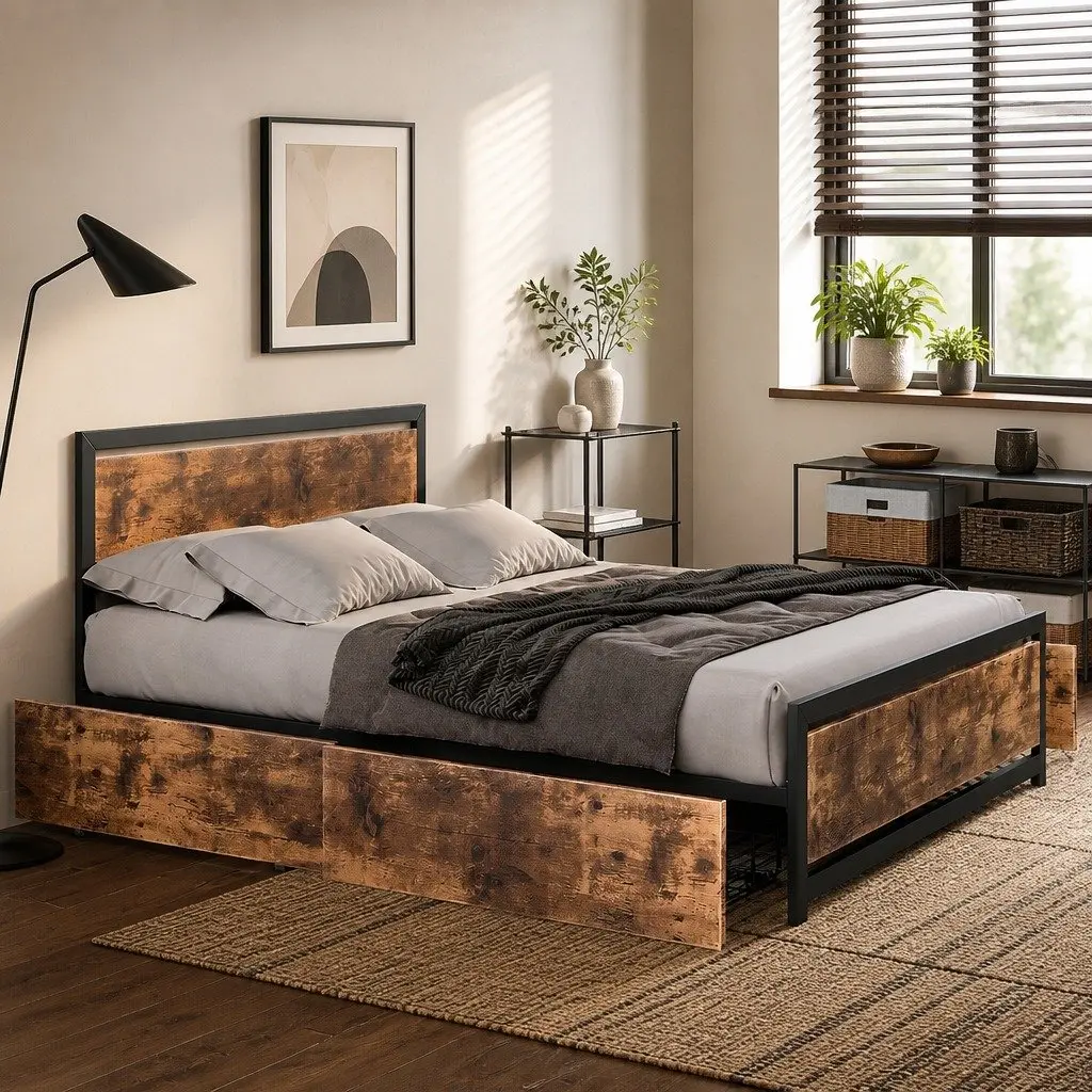Industrial Double Bed Frame with 4 Under-Bed Storage Drawers Steel Platform