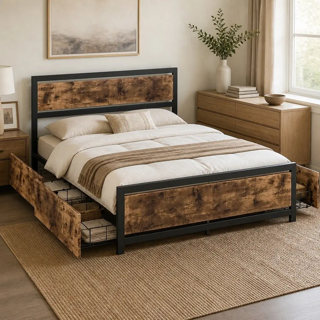 Queen Bed Frame with Steel Support and Storage