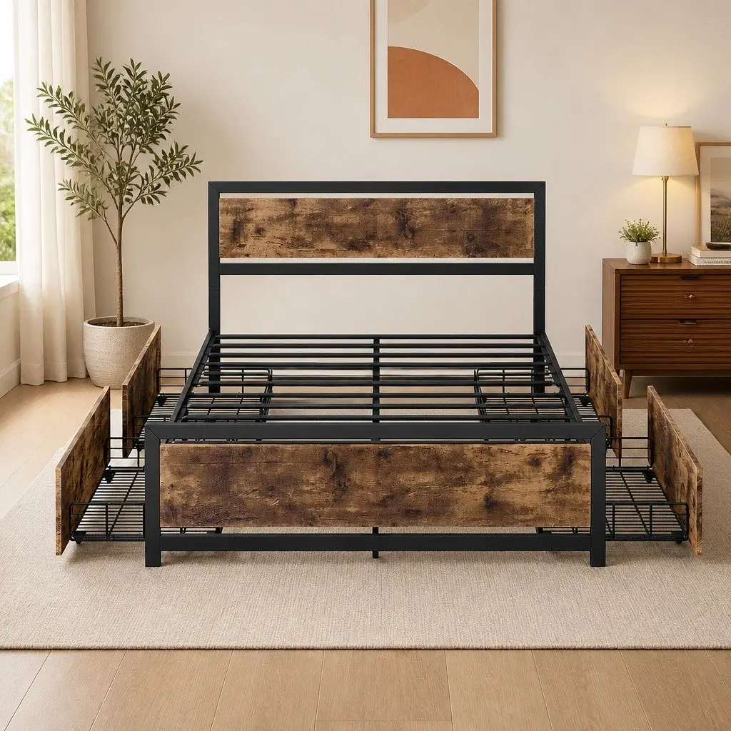 Queen Bed Frame with Steel Support and Storage