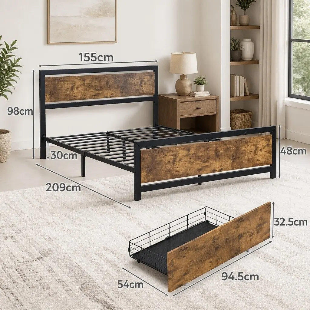 Queen Bed Frame with Steel Support and Storage